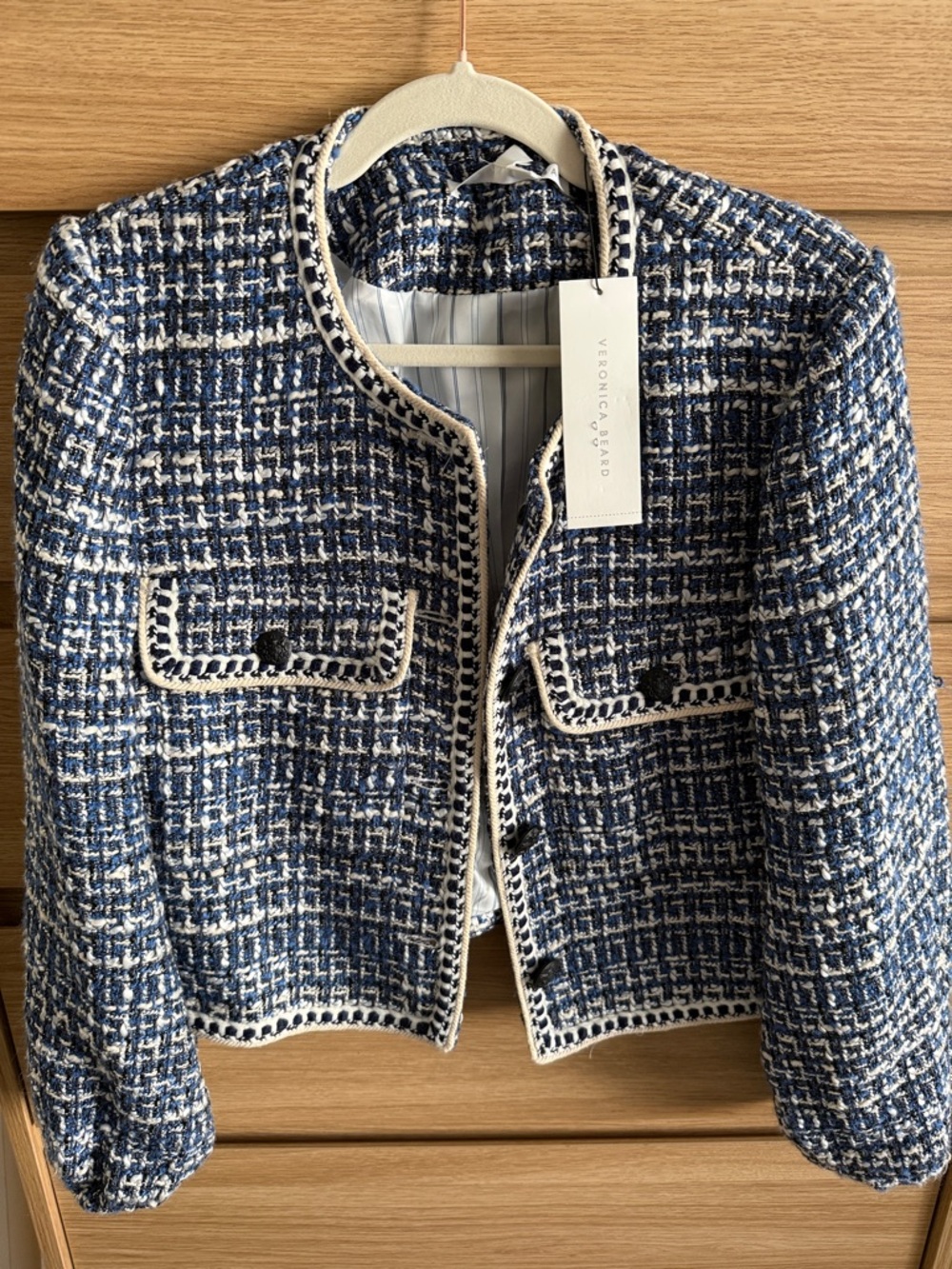 Veronica Beard Blue and White Tweed Boxy Jacket with Braided Trim
